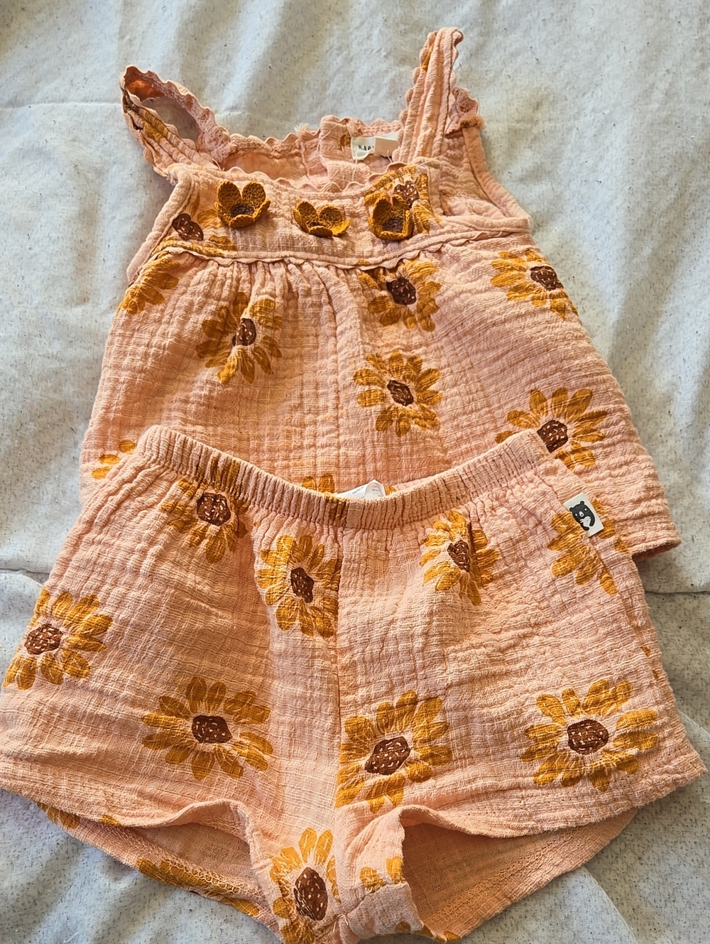 Girls Sunflower Cotton Tank & Shorts Set - Peach